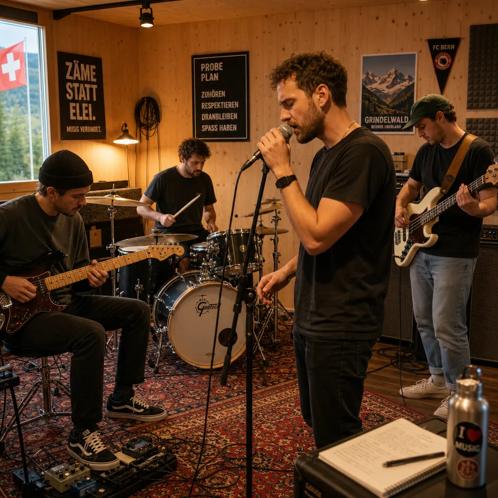 Band beim gemeinsamen Proben in einem Schweizer Bandraum