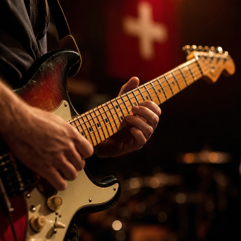 Gitarrist spielt E-Gitarre auf einer Bühne