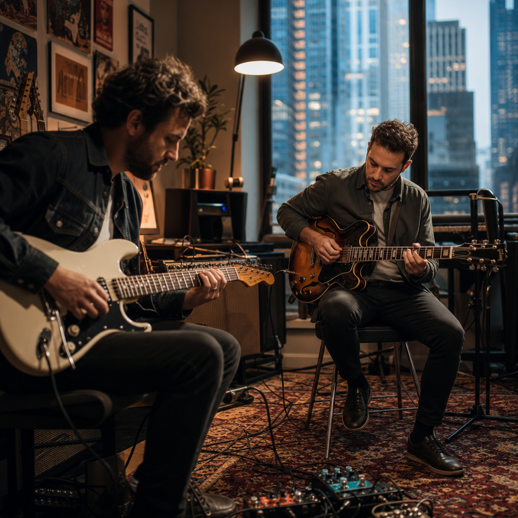 Musiker proben in einem Bandraum mit Zürcher Stadtblick