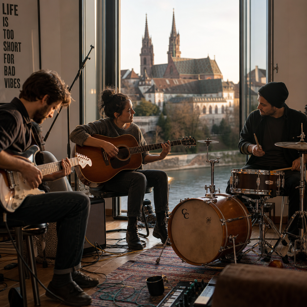 Musiker proben in Basel mit Rheinblick durch das Studiofenster
