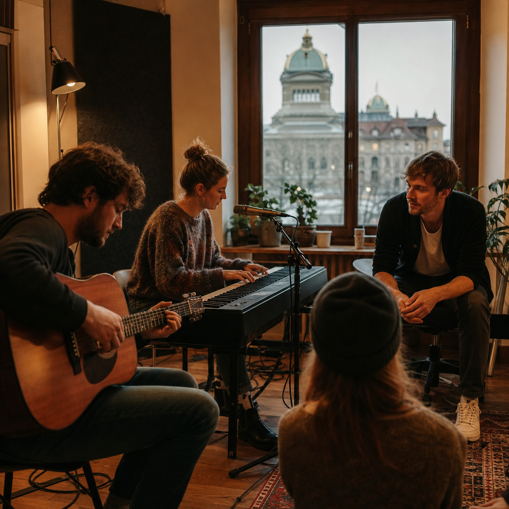 Musiker in einem Proberaum in Bern mit Blick auf die Altstadt