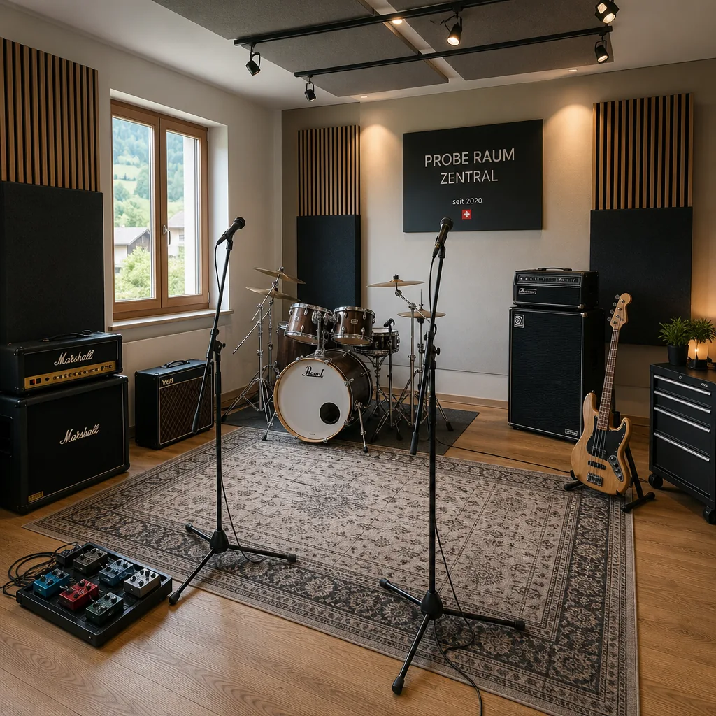Eingerichteter Proberaum mit Drums, Gitarren und Verstärkern