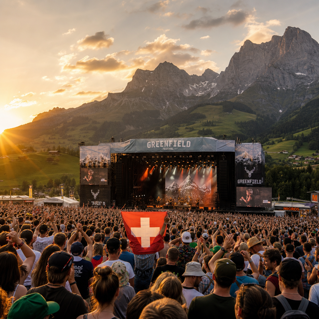 Schweizer Musikfestival mit Bühne, Publikum und Alpenpanorama im Hintergrund